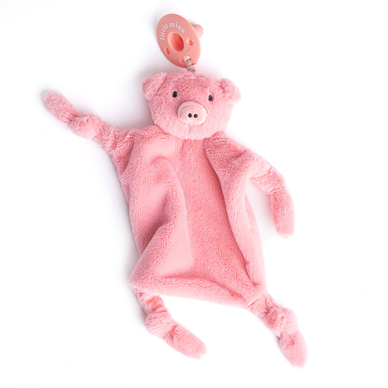 pink pig lovely with pacifier attached draped on a white background.