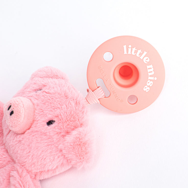 close-up of pink pacifier attached to pig lovey.