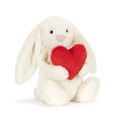 front view of Bashful Love Heart Bunny Plush Toy
