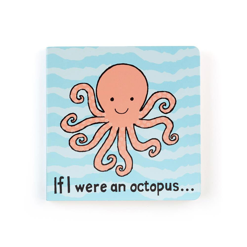 book cover with black text, blue background, and a coral smiling octopus