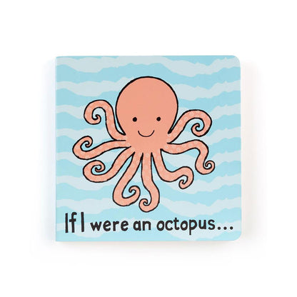 book cover with black text, blue background, and a coral smiling octopus