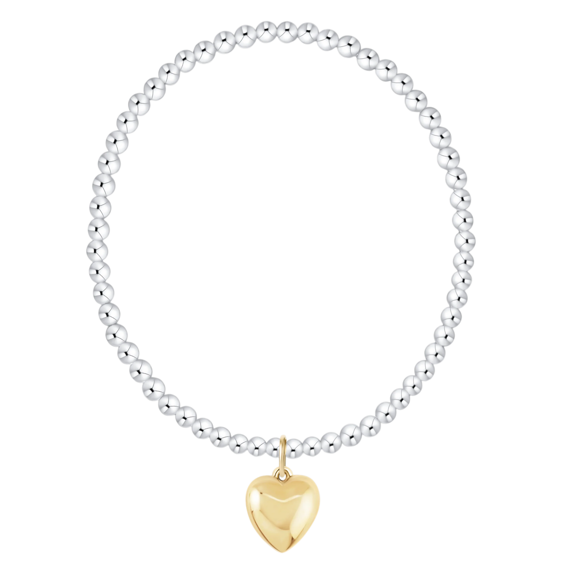 silver bead bracelet with gold heart charm