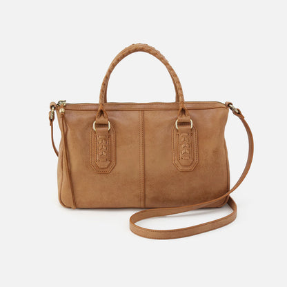 front view of expedition satchel in whiskey