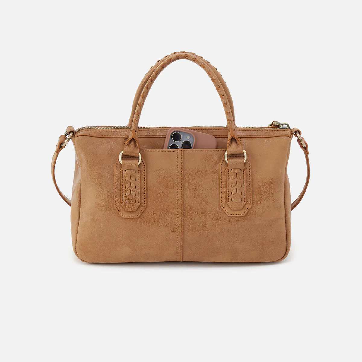 back view of expedition satchel in whiskey