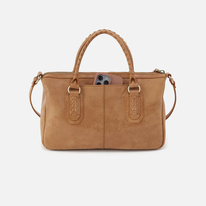 back view of expedition satchel in whiskey