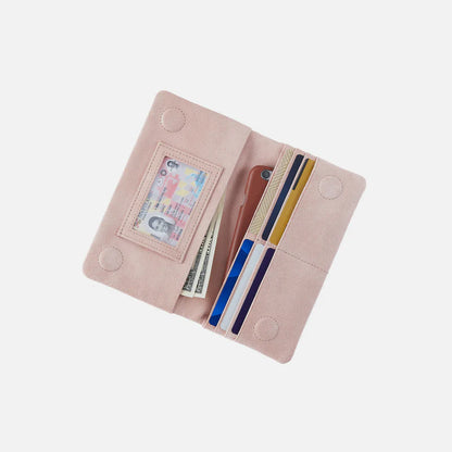 blossom Lumen Continental Wallet open with cards cash and phone inside