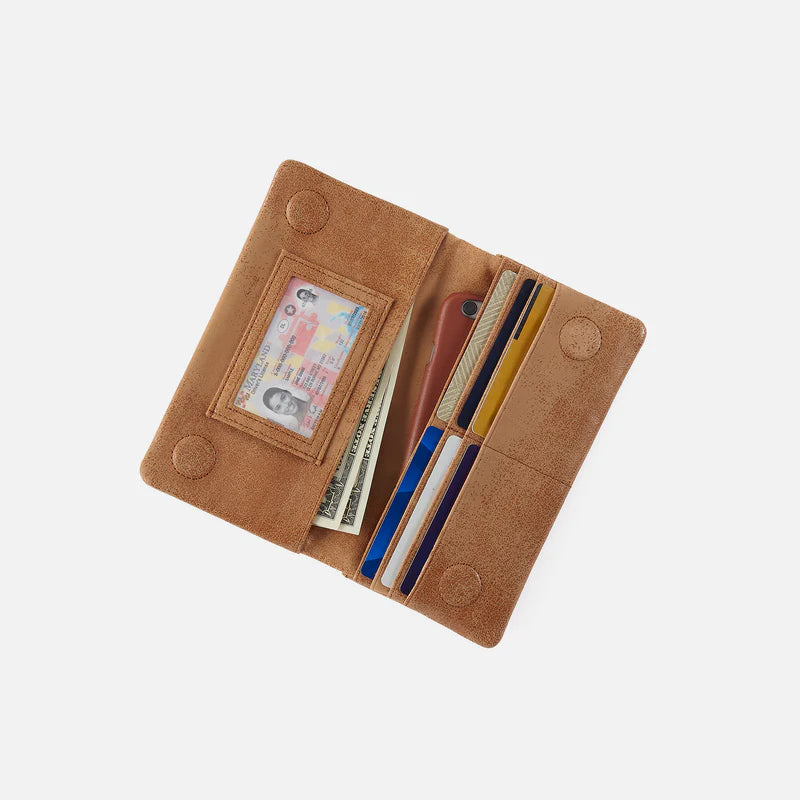 Lumen Continental Wallet open in the color whiskey