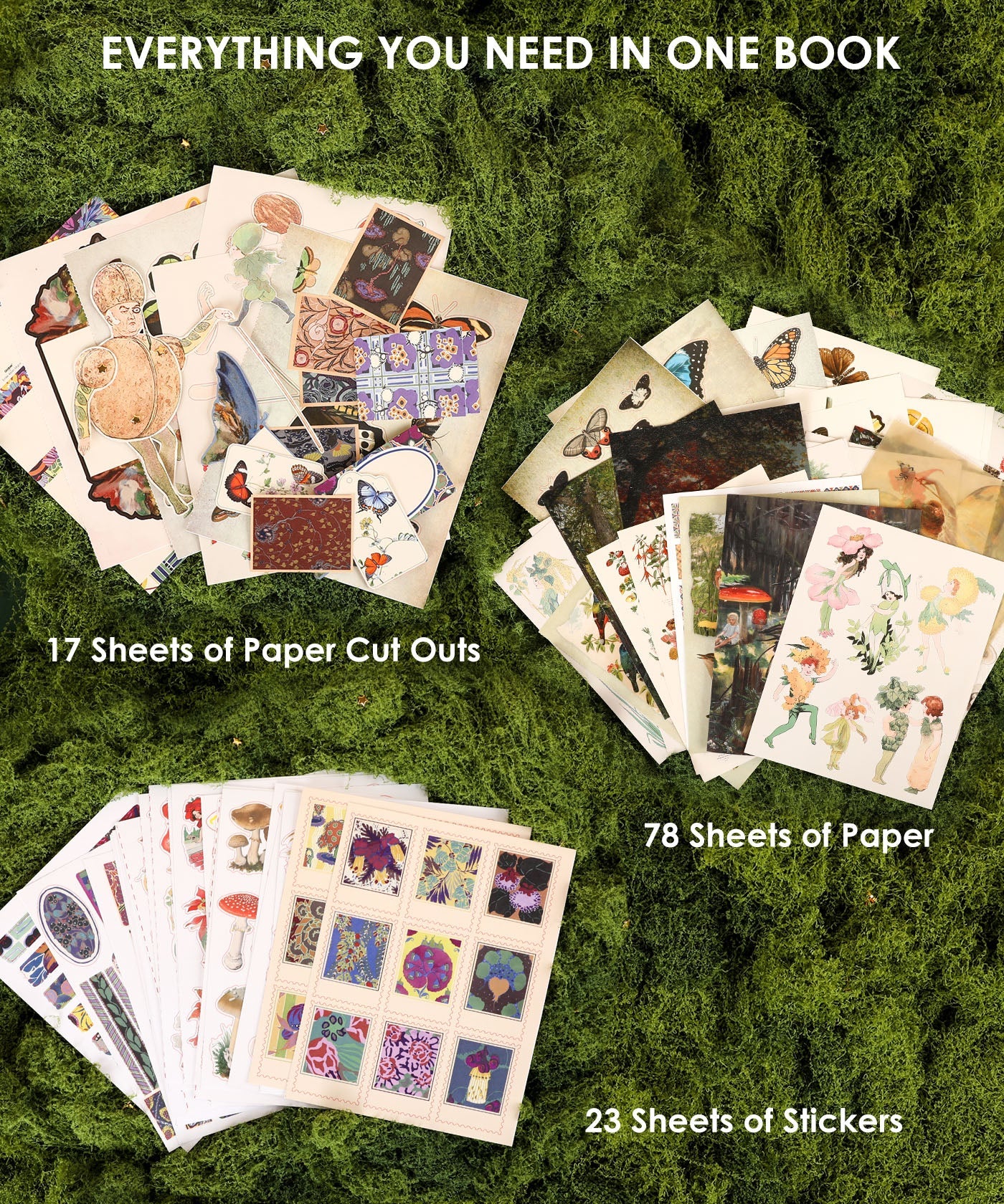 Collection of paper cutouts, sheets, and stickers on a green textured background with text 'Everything You Need in One Book'.