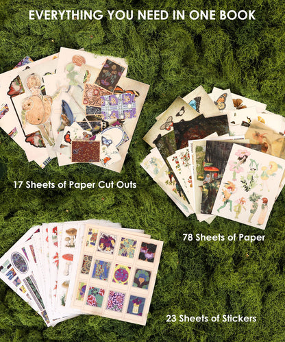 Collection of paper cutouts, sheets, and stickers on a green textured background with text 'Everything You Need in One Book'.