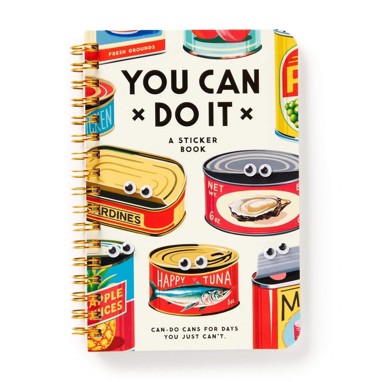 spiral book with googly eyes on various canned goods and black title text on the cover