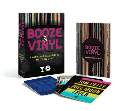 Booze & Vinyl box deck, booklet, and cards arranged on a white background
