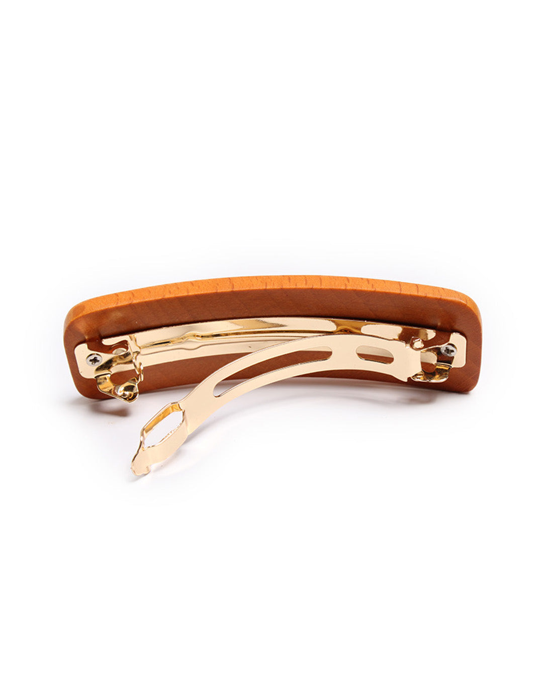 back side of brown wooden barrette showing gold clip.