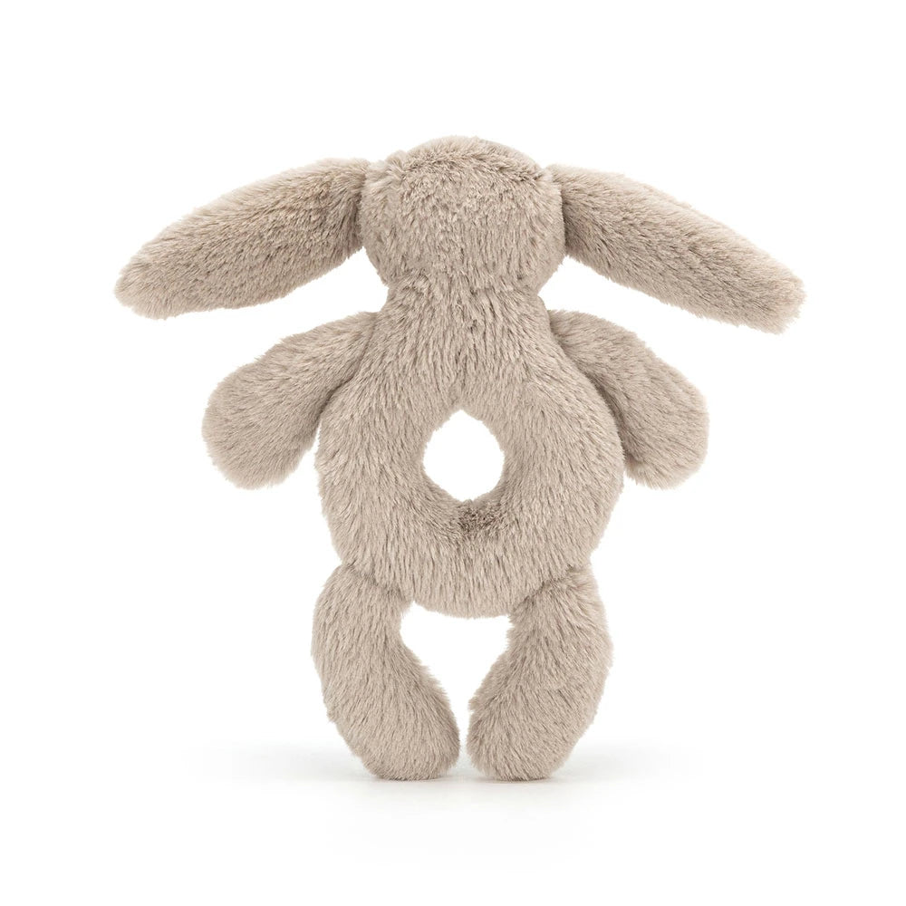 back view of beige Bashful Bunny Ring Rattle Plush Toy