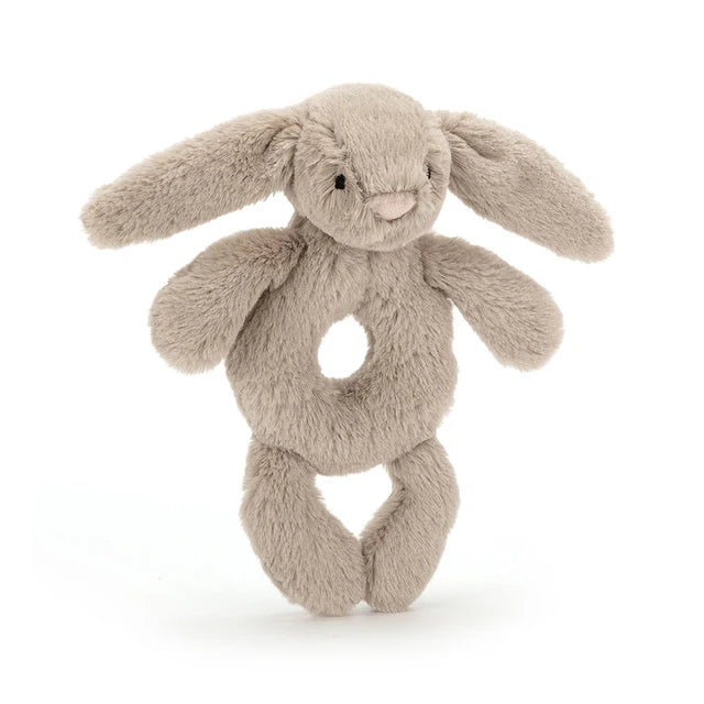front view of beige Bashful Bunny Ring Rattle Plush Toy
