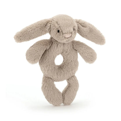 front view of beige Bashful Bunny Ring Rattle Plush Toy