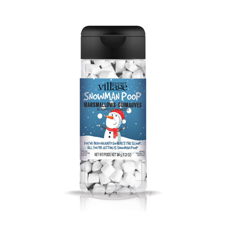 Jar of Snowman Poop marshmallows with a festive label on a white background