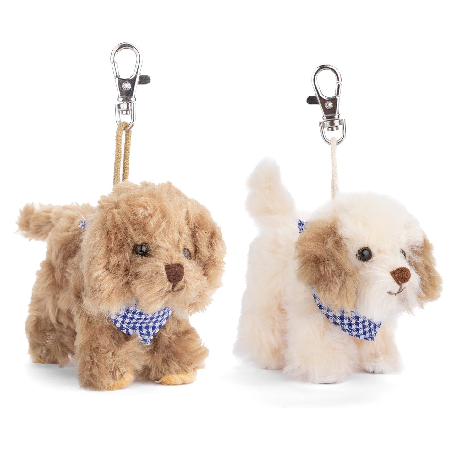 one brown and one white dog bag charms wearing blue check bandanas