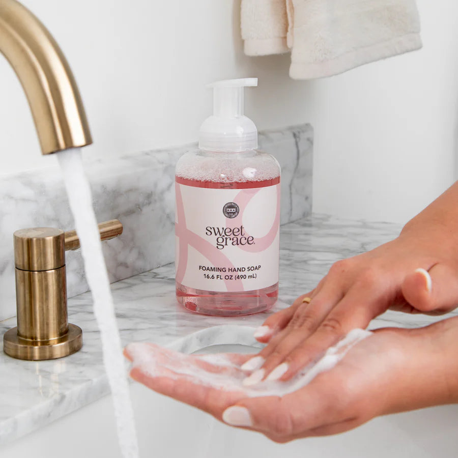 hands washing at sink with Sweet Grace Foaming Hand Soap