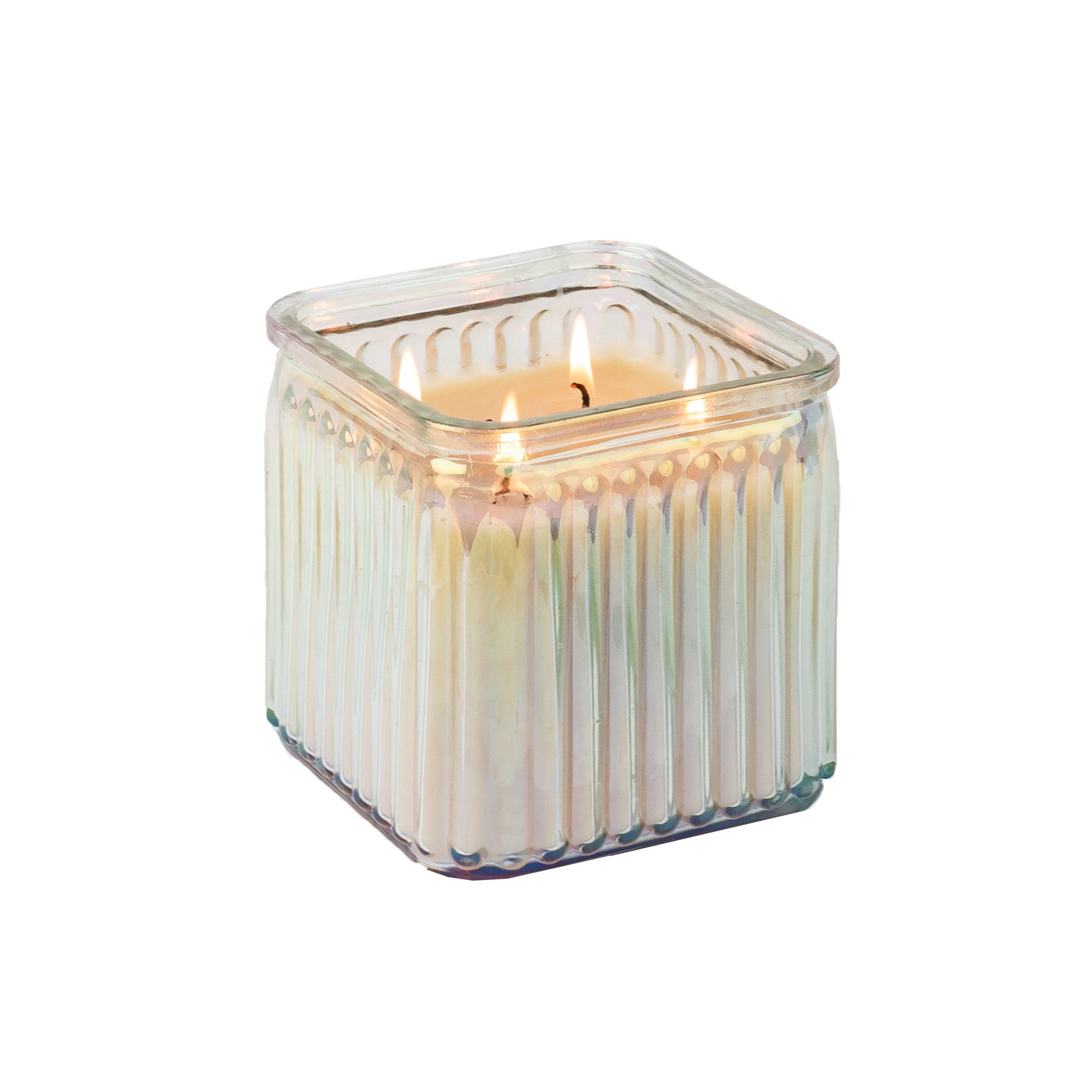 Sweet Grace Square Glass Candle is lit and displayed against a white background