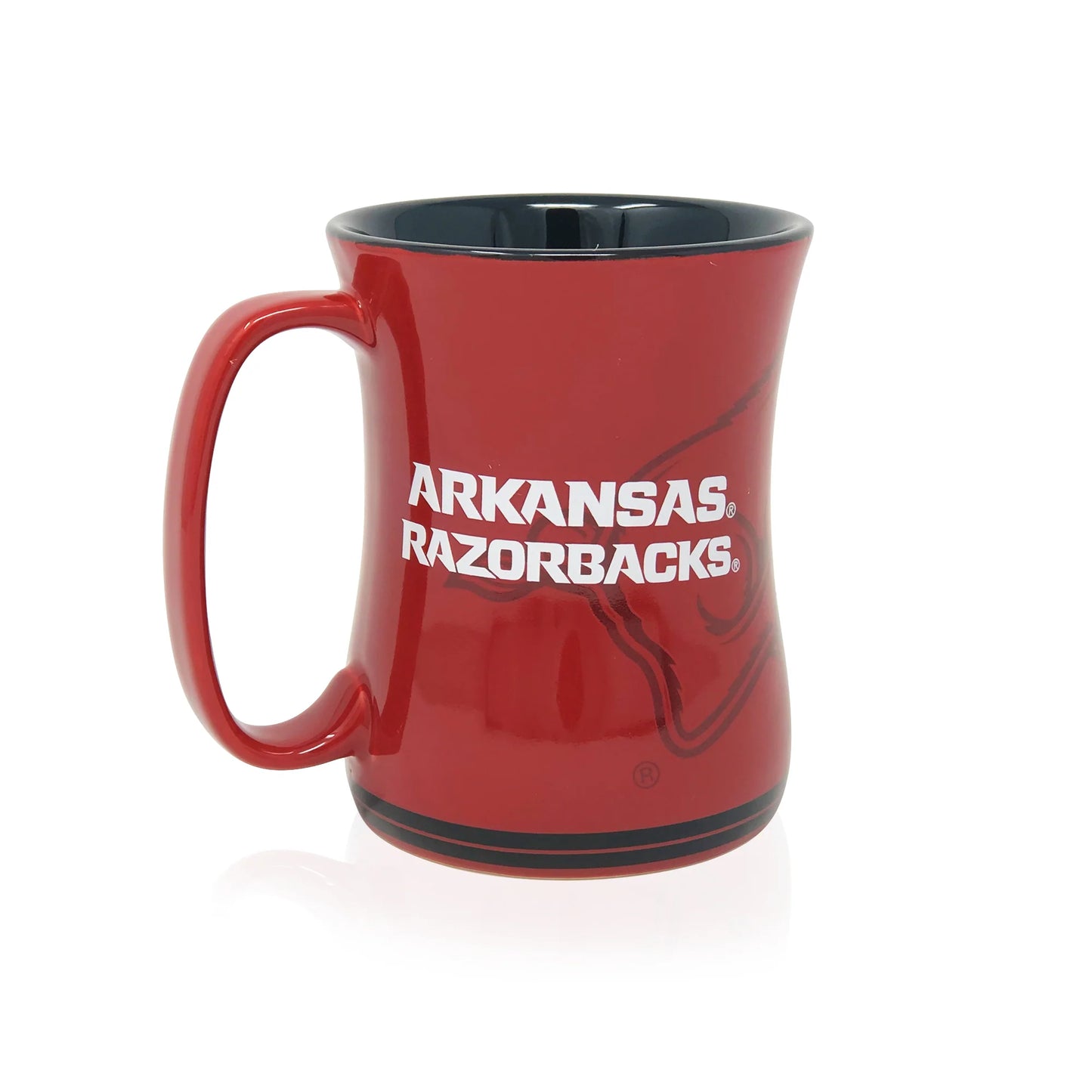 other side of mug with "akransas razorbacks" printed in white.