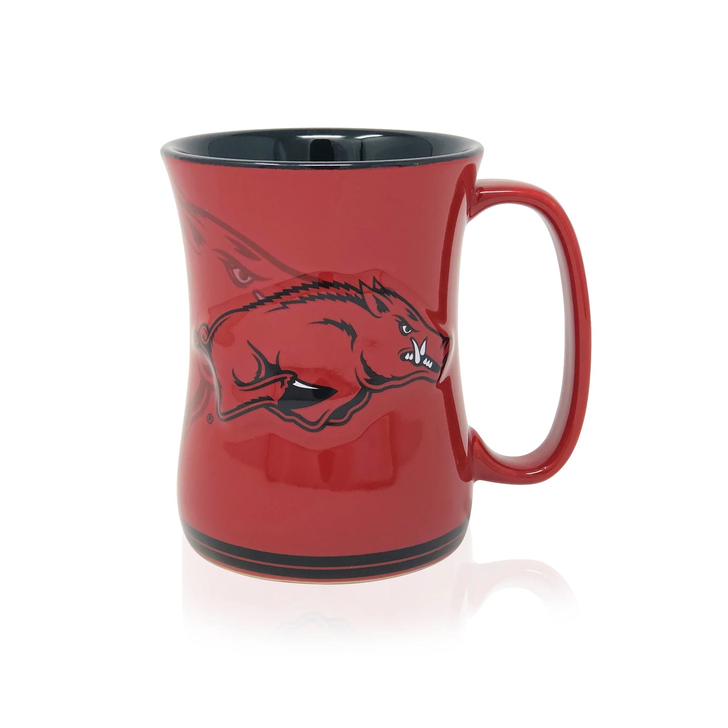 red mug with black interior and raise razorback logo on the center.