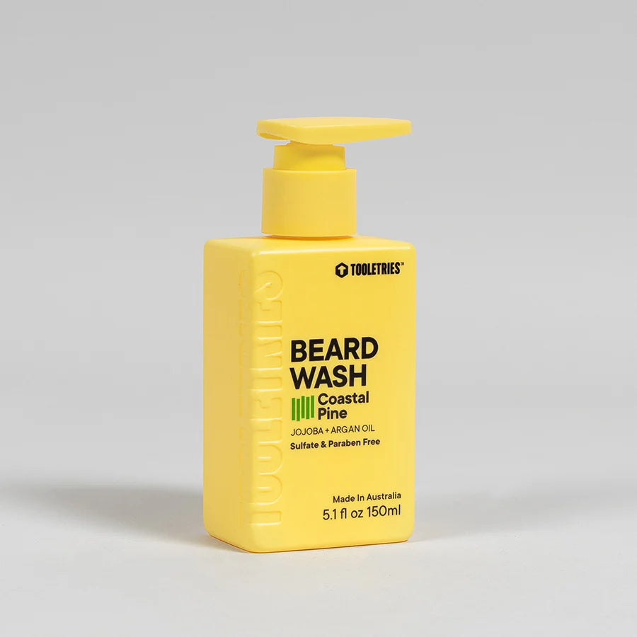 yellow pump bottle of beard wash.