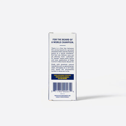 side view of Beard oil packaging with Duke Cannon branding on a white background
