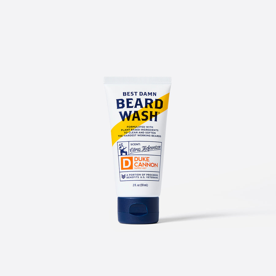 tube of best damn beard wash shown on a white background