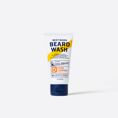 tube of best damn beard wash shown on a white background