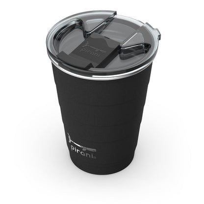 angled top view of black tumbler showing lid on cup.