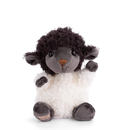 Black and white Sheep Plush Toy shown on a white bakground