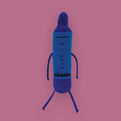 blue crayon doll showing on a purple background.