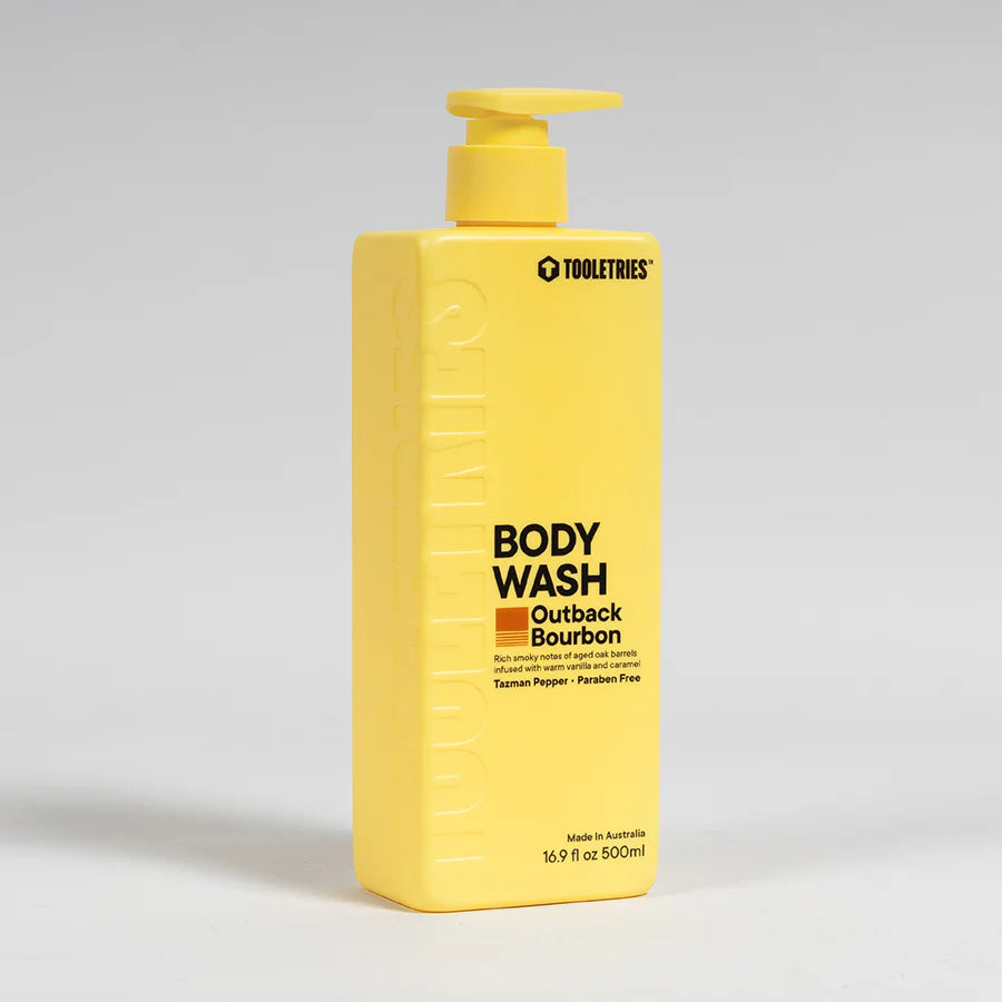 yellow pump bottle of Outback Bourbon Body Wash.