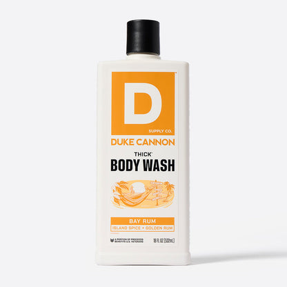 Duke Cannon body wash bottle on a white background