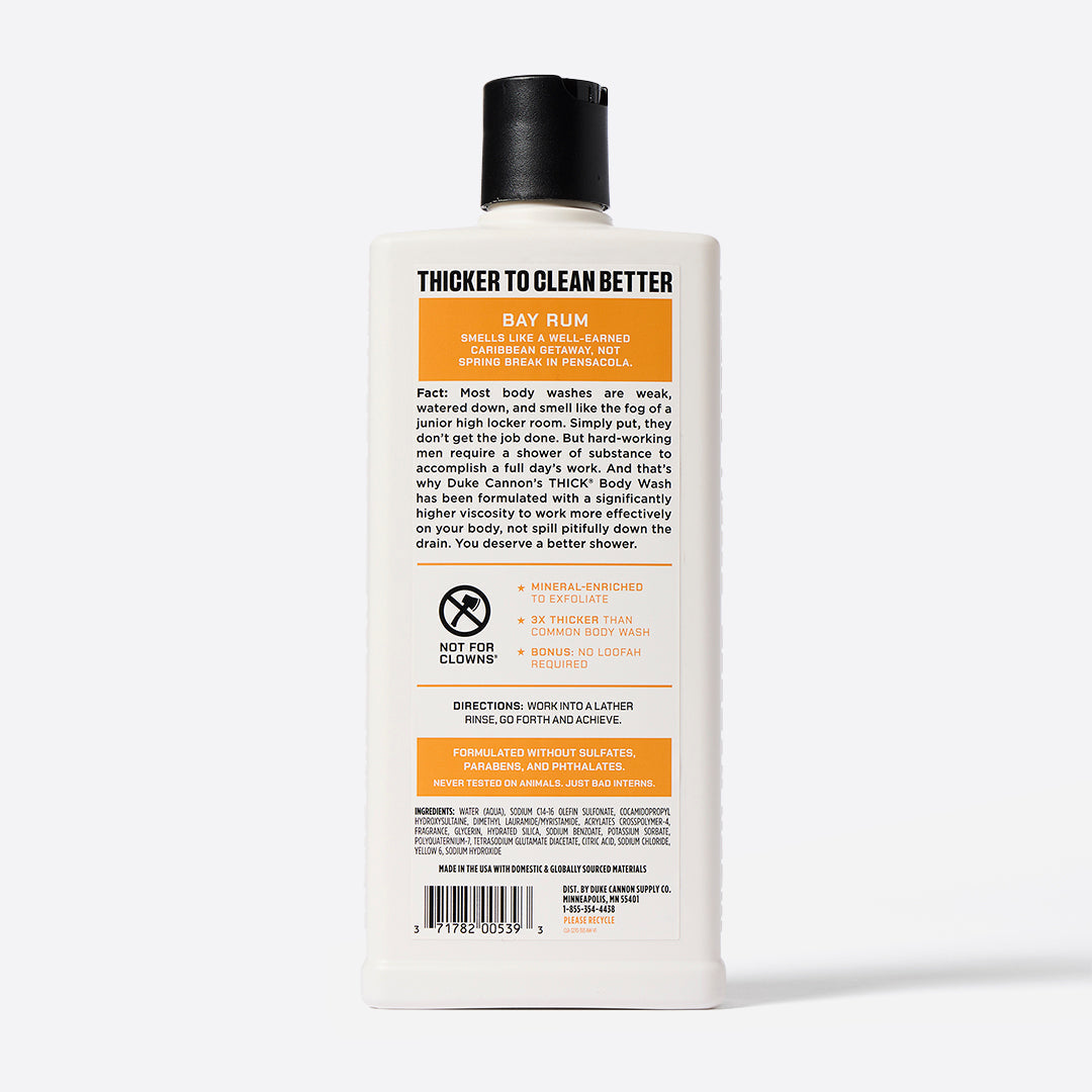 back view of bottle of body wash with label on a white background