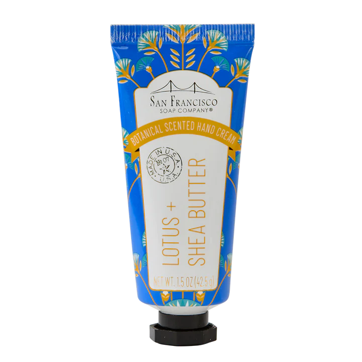 blue tube of Lotus & Shea Butter hand cream.