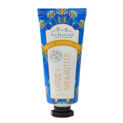 blue tube of Lotus & Shea Butter hand cream.