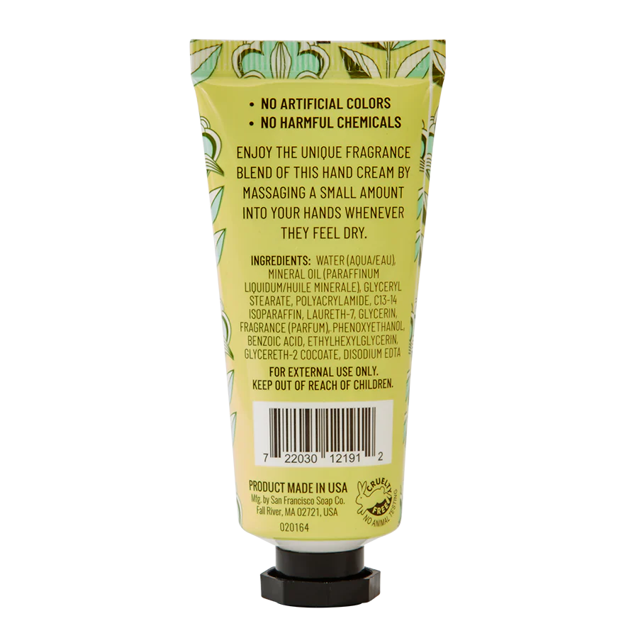 back of tube of Tuberose & Bergamot hand cream.