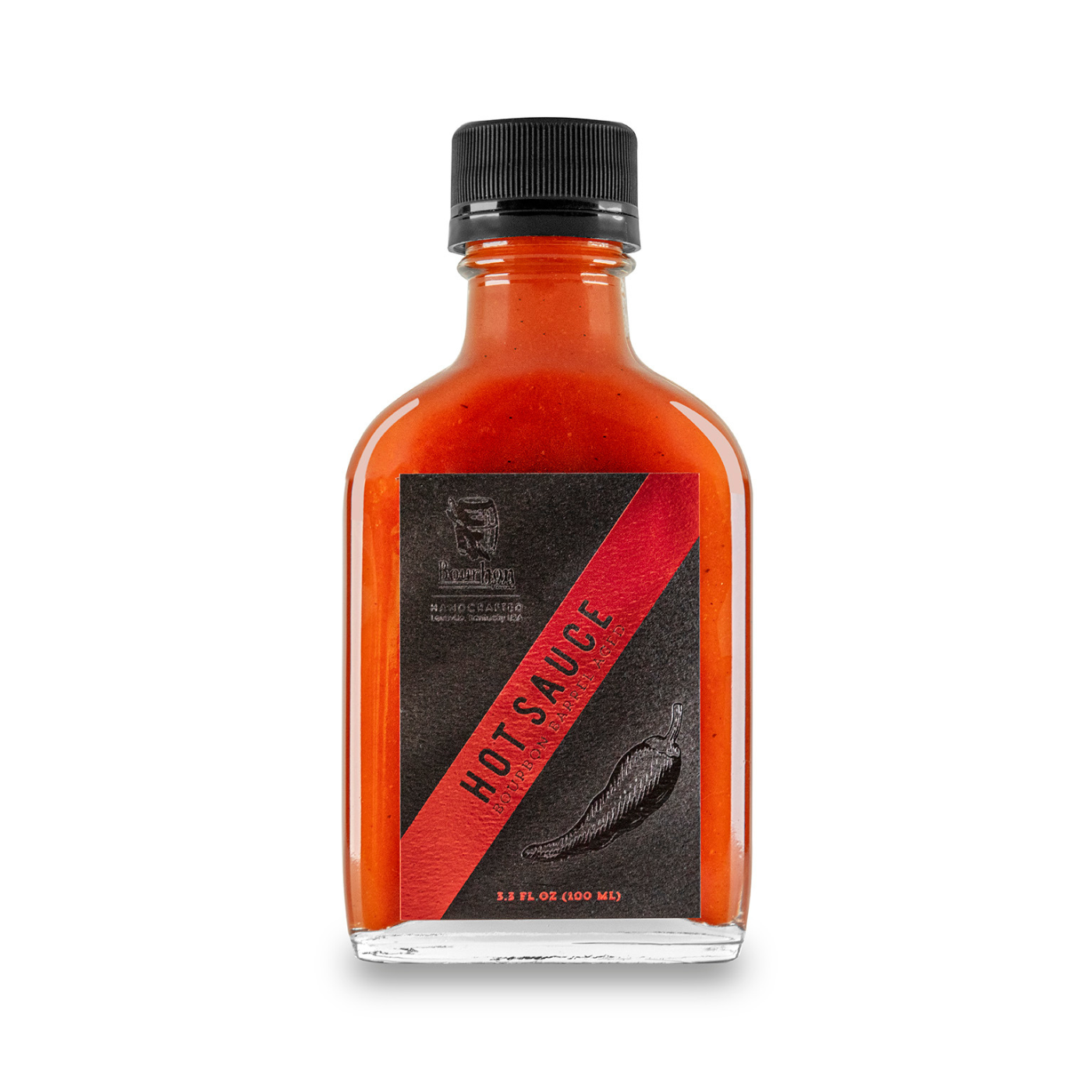 bottle of Bourbon Barrel Hot Sauce on a white background.