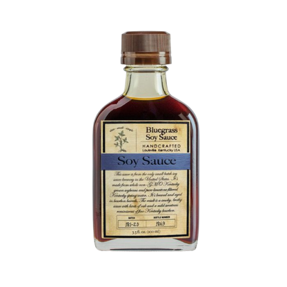bottle of Bluegrass Soy Sauce on a white background.