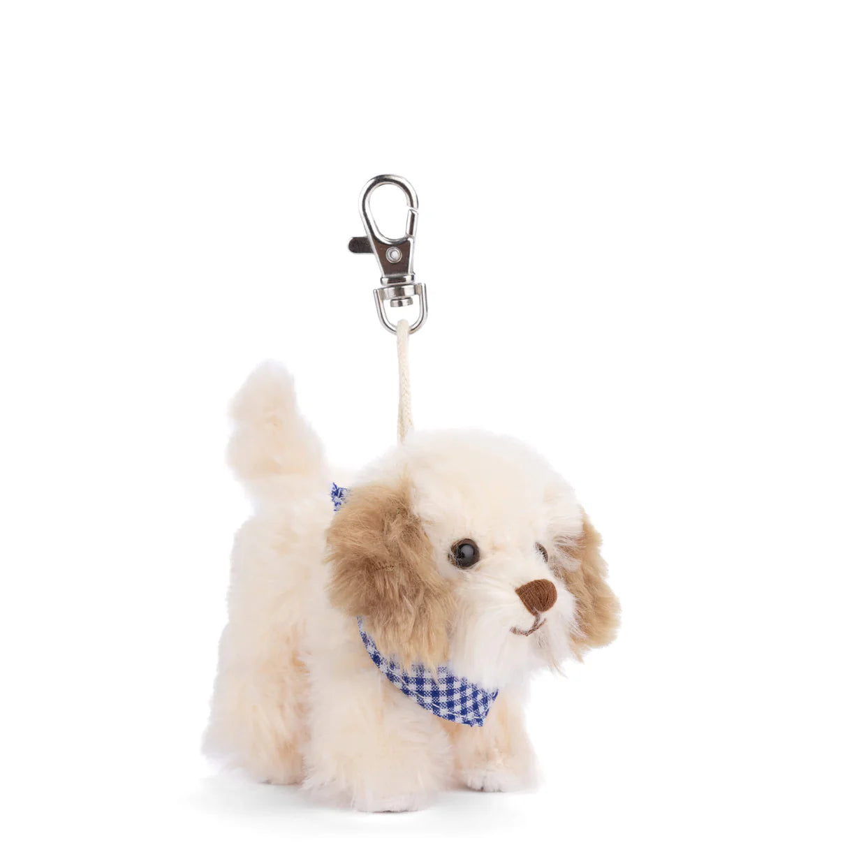white Plush dog bag charm wearing blue check bandana around its neck with a keychain attachment on a white background