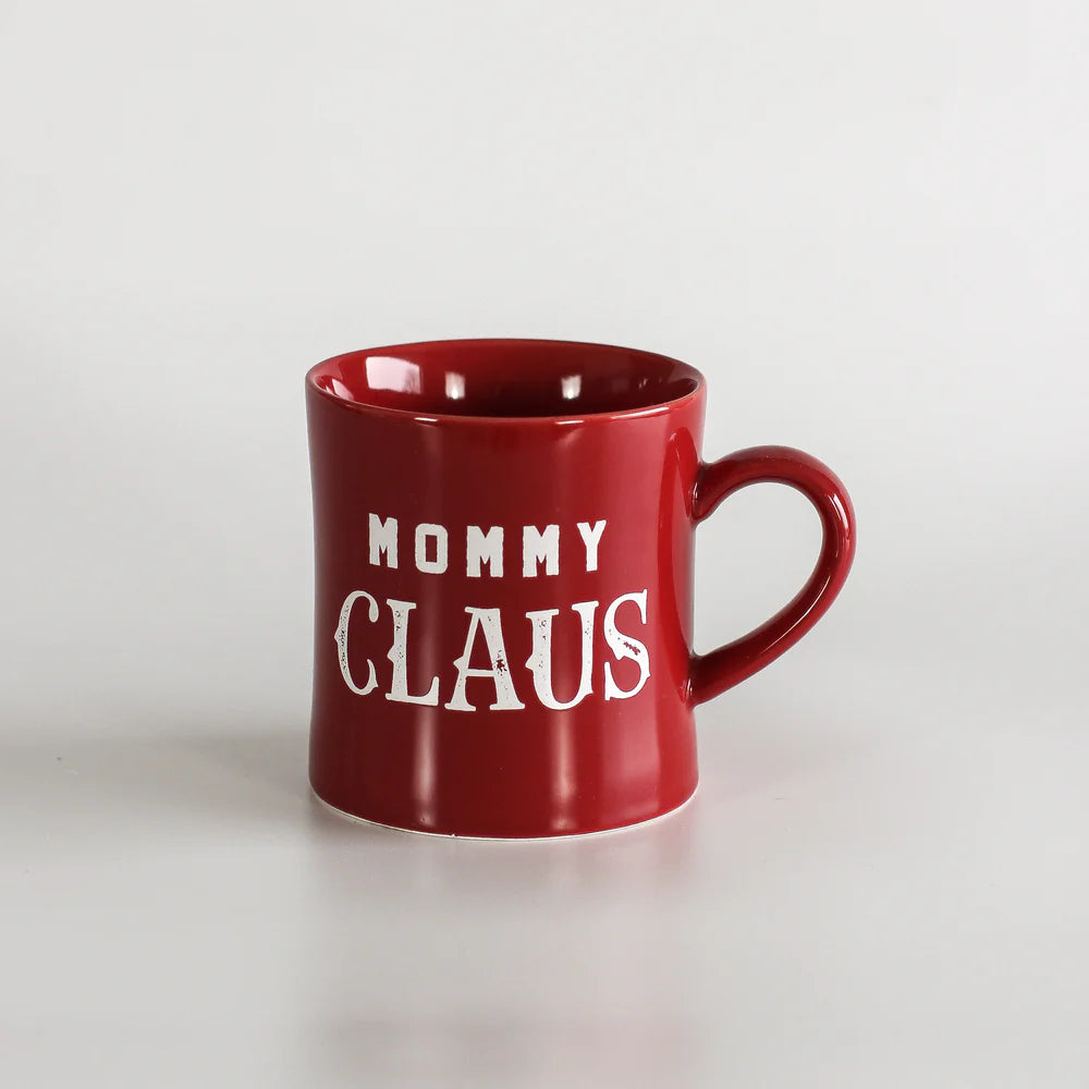 red mug with "mommy claus" printed in white.