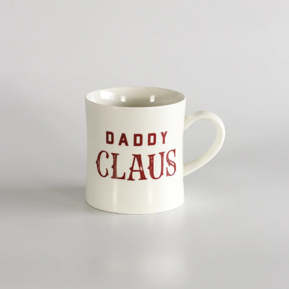 white mug with "daddy claus" printed in red.