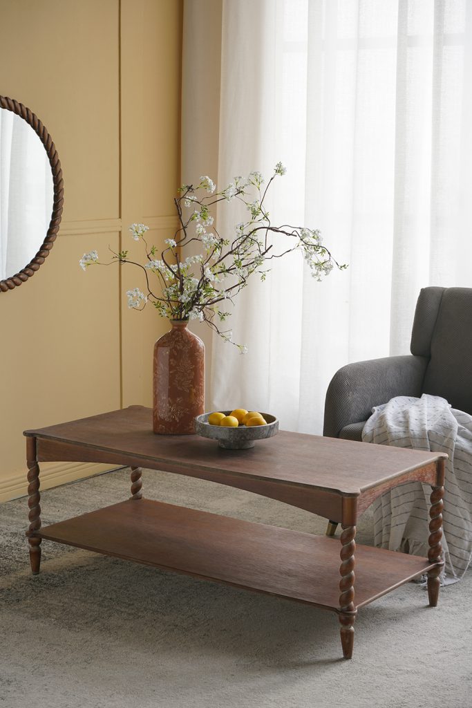 vase on a coffee table with long branches coming out of it