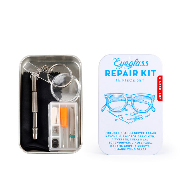 eyeglass repair kit displayed in the tin case on a white background