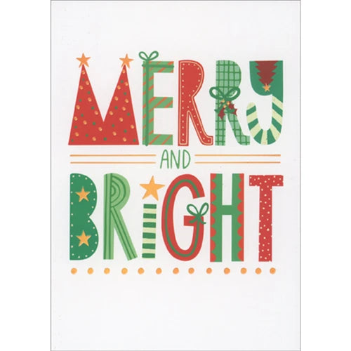 front of card is merry and bright written in green and red on white background
