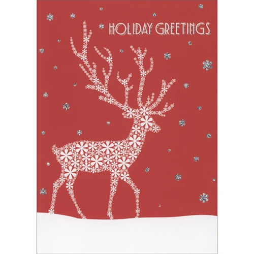 front of card is a reindeer made of white snowflakes on a red background