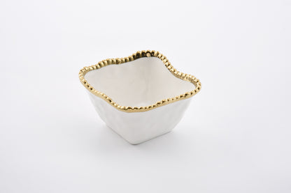 white Square Snack Bowl with gold beaded rim shown on a white background
