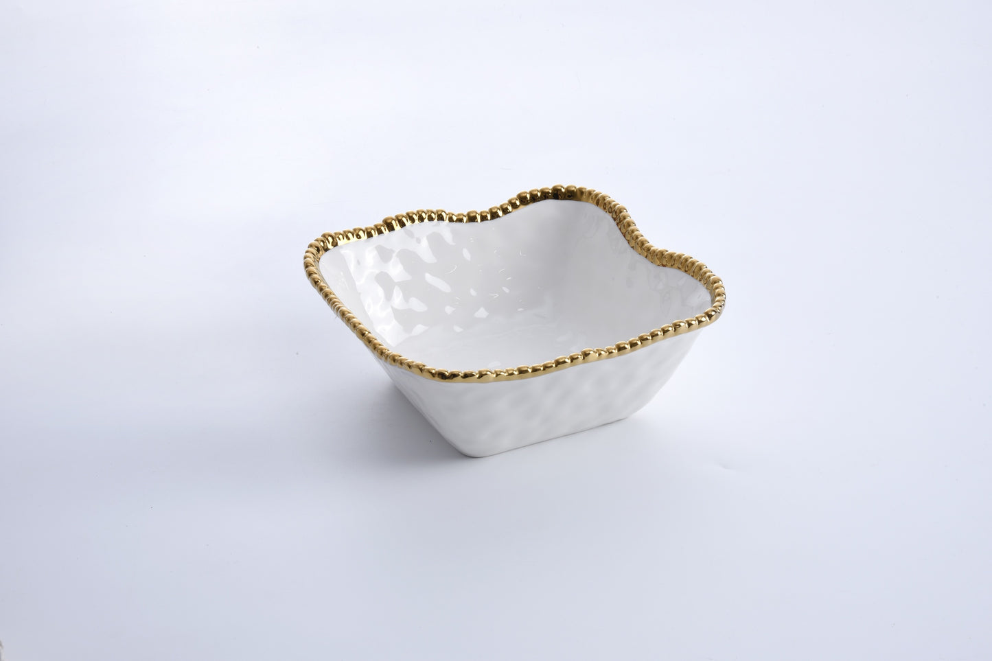 white Square Salad Bowl with gold beaded rim shown on a white background
