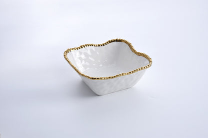 white Square Salad Bowl with gold beaded rim shown on a white background
